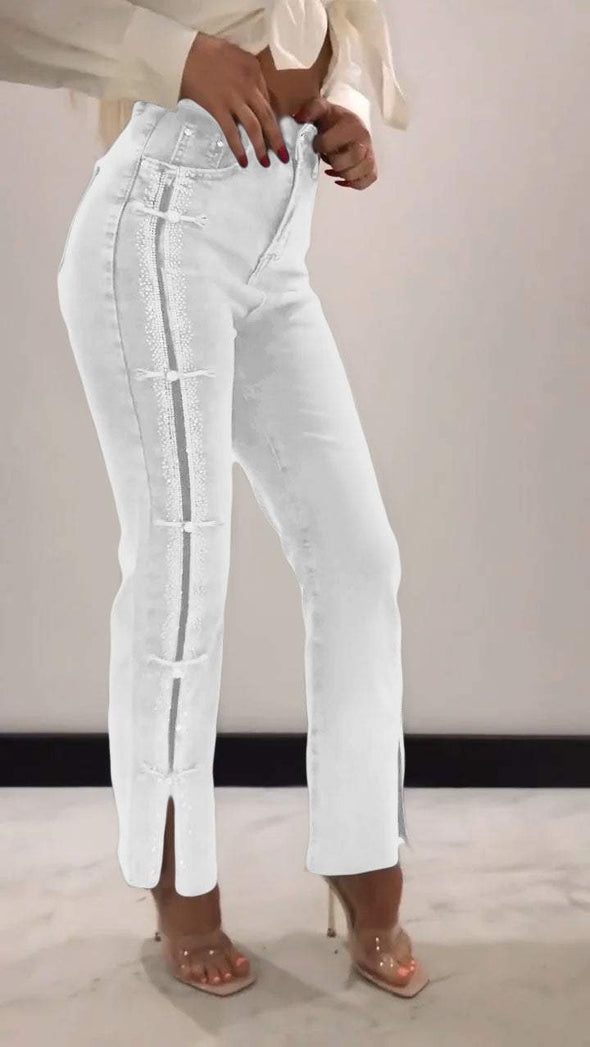 Women's Hot Diamond Patchwork Design Slit Slim Jeans