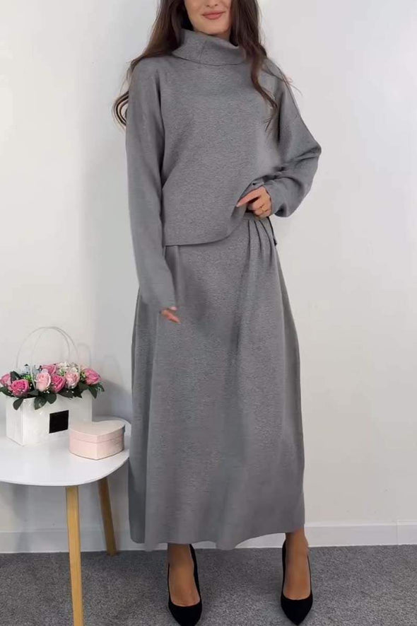 Women's casual solid color turtleneck top and skirt suit