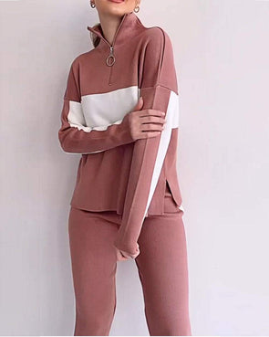 Women's Contrasting Color Patchwork Half-zip Top and Pants Set