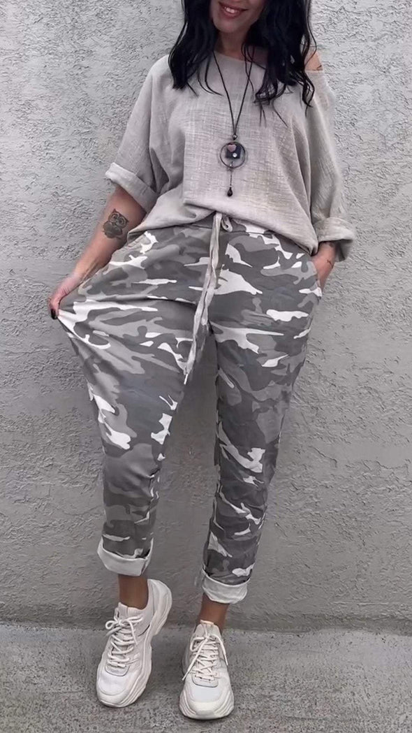 Women's Round Neck Top + Camouflage Pants Set