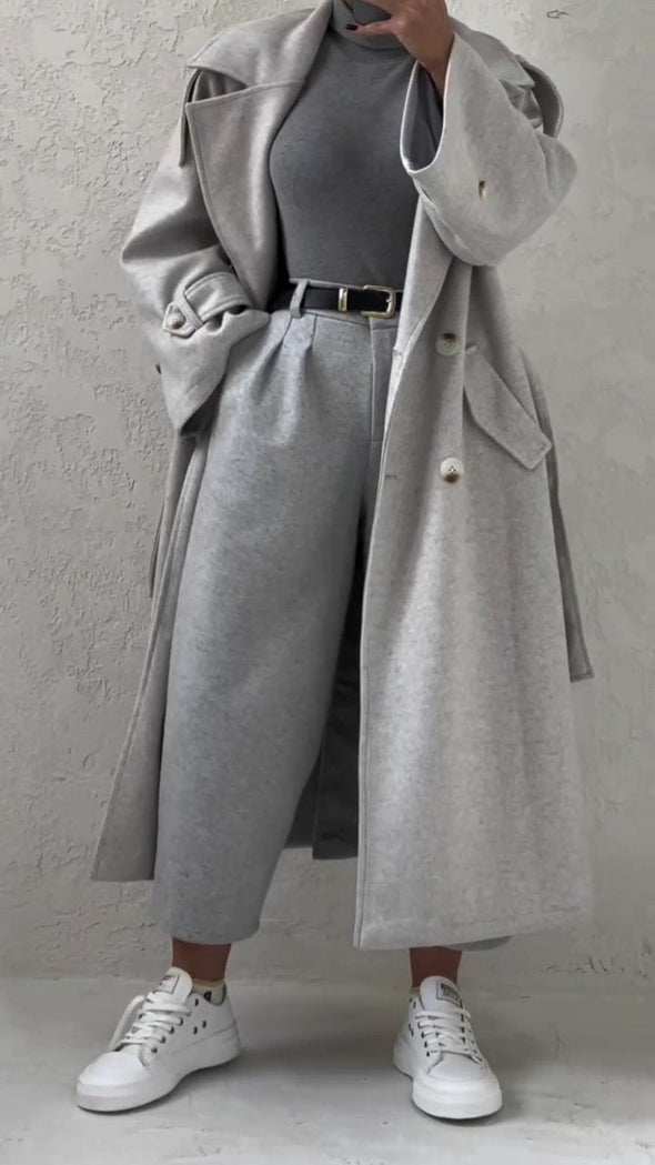 Women's Fashion Solid Color Large Lapel Long Coat Two-piece Set