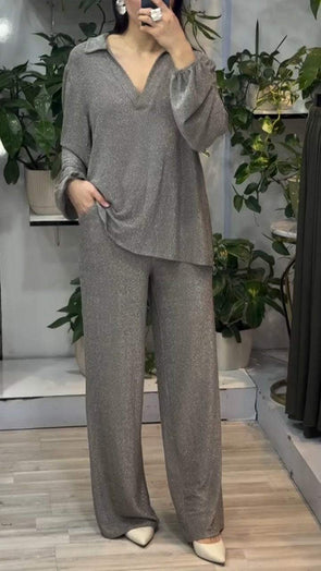 Women's V-neck Shiny Casual Suit