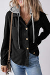 Ladies Lapel Buttoned Cardigan Hooded Drawstring Striped Jacket