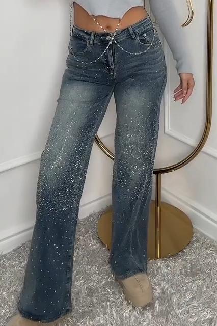 Women's Casual Rhinestone Straight Jeans