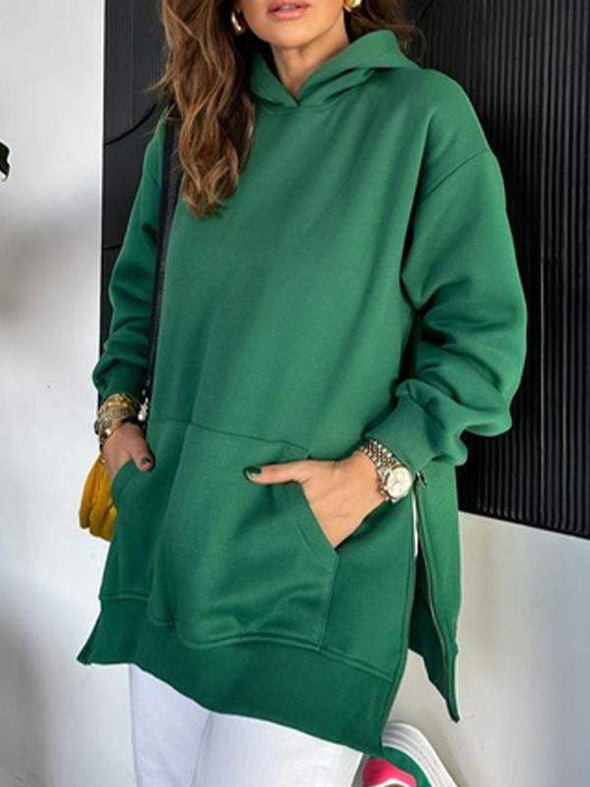 Women's Solid Color Hooded Casual Sweatshirt with Side Zipper