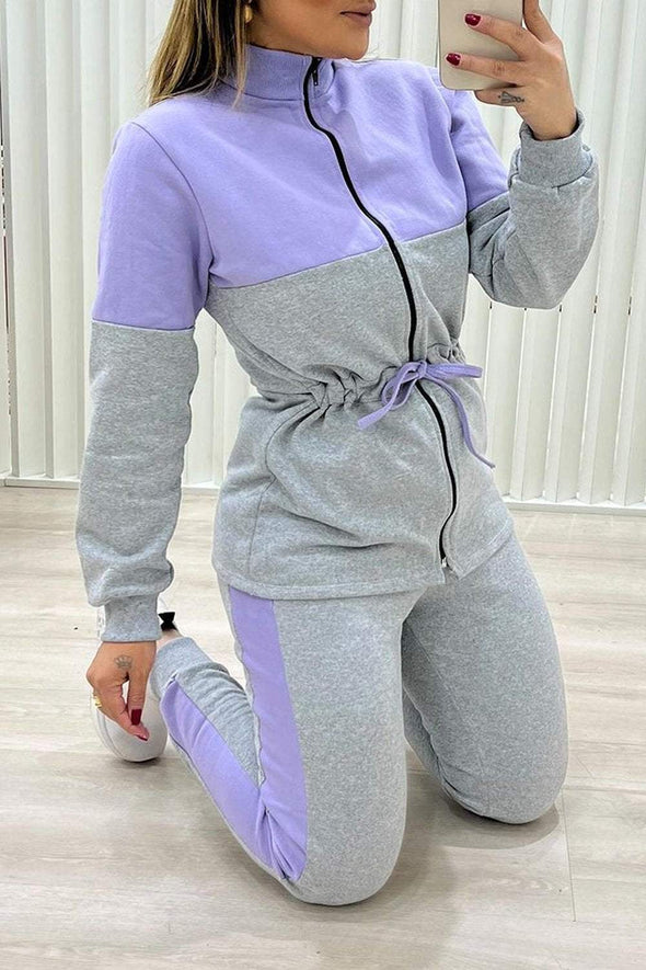 Women's Contrast Color Casual Drawstring Top and Pants Two-piece Set