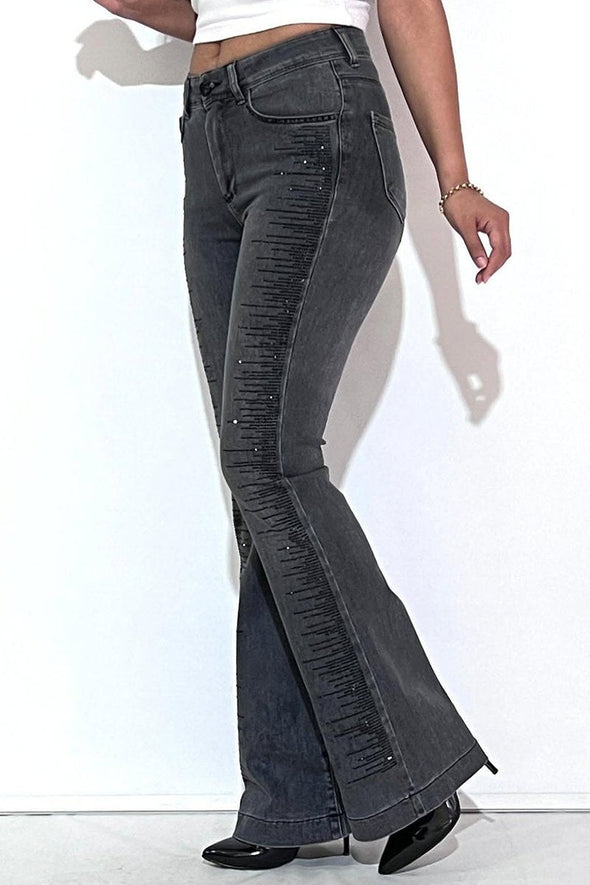 Women's Casual Fashion Irregular Side Rhinestone Bootcut Jeans