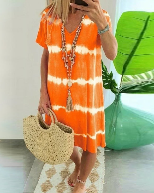 ?Tie-dye Striped Short-sleeved Loose T-shirt Dress