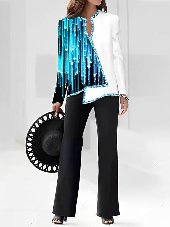 3D digital print women's V-neck asymmetrical fashion casual shirt pantsuit