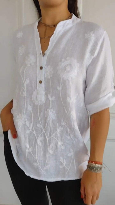 Women's V-neck Floral  Cotton and Linen Casual Top