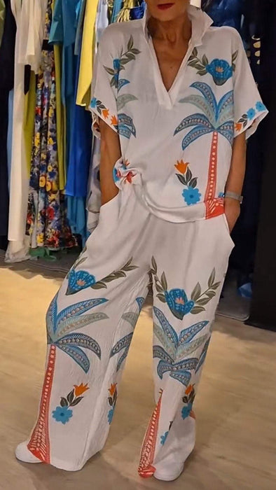 Women's Lapel Short-sleeved Printed Casual Suit