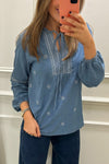 Women's Casual V-neck Imitation Denim Jacquard Top