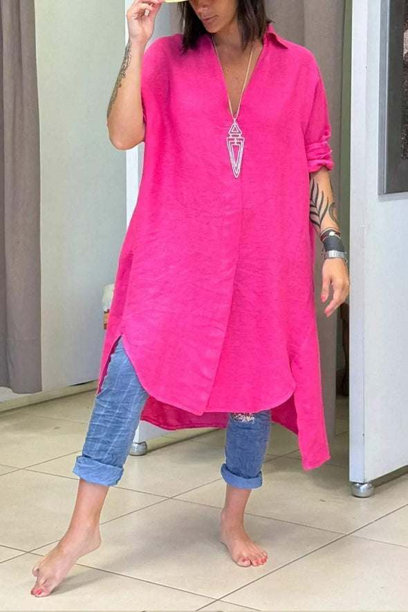 Women's Casual Solid Color V-neck Irregular Hem Long Shirt