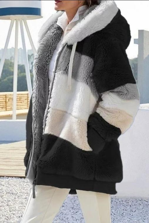 Women's Casual Warm Fur Contrast Hooded Jacket