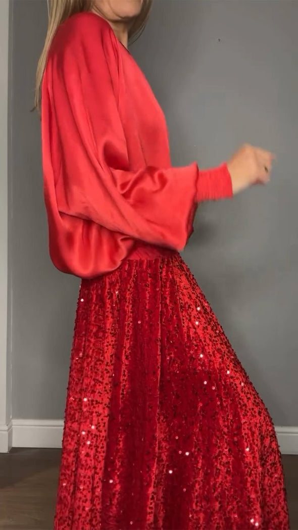 Women's Round Neck Satin Top + Sequined Skirt Set