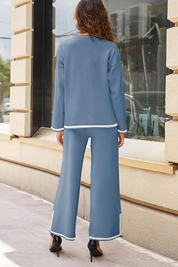 Women's Casual Long Sleeve Knit Top Wide Leg Pants Two-Piece Outfit