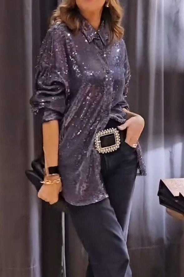 Women's Casual Lapel Single-breasted Sequined Shirt