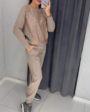 Women's Round Neck Long Sleeve Hot Diamond Casual Suit