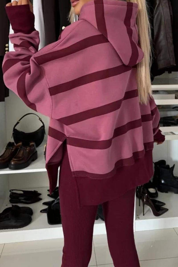 Women's Hooded Striped Casual Sweatshirt Set + Suit Set