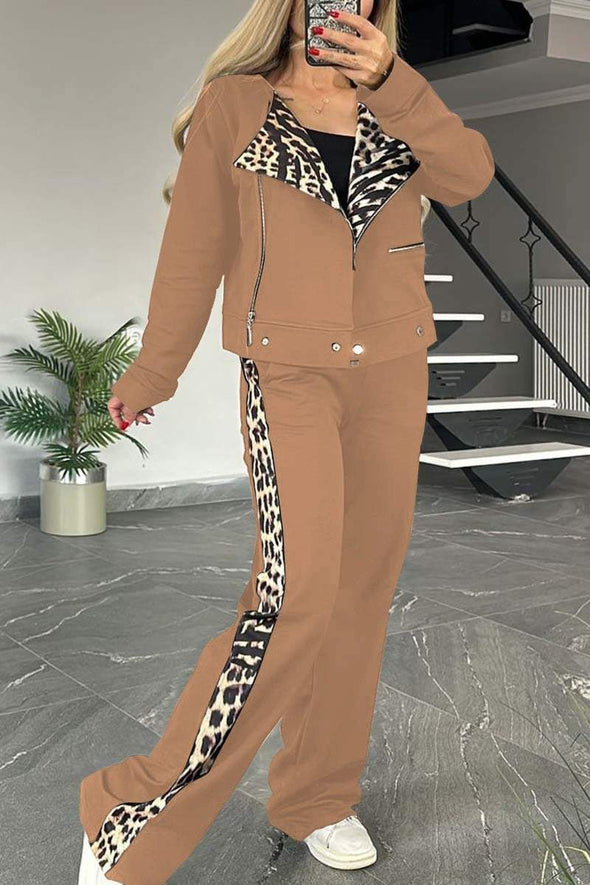 Women's casual leopard print patchwork suit