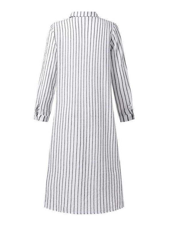 Women's Striped Cotton Linen Polo Collar Long-sleeved Shirt Dress