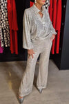 Women's Spring and Fall V-neck Top and Pants Sequined Suit