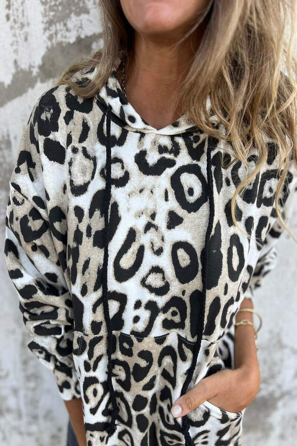 Women 's Leopard Print Hooded Long Sleeved Hoodie Top