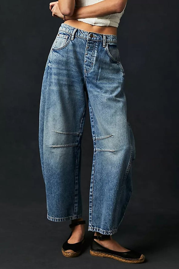 Fashion Casual Women's Loose Wide-leg Pants Mid-low Waist Washed Denim Trousers