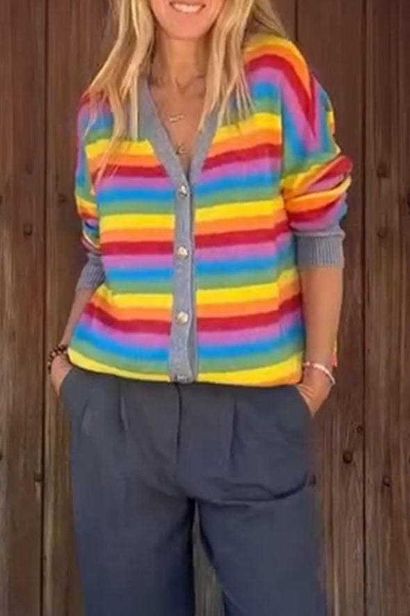 Women's Casual Rainbow Stripe Knit Cardigan