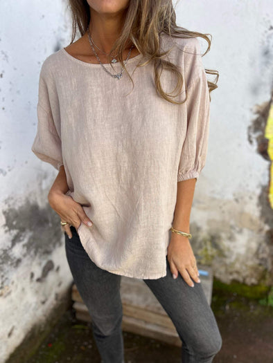 Women's Round Neck Mid-sleeve Cotton and Linen Casual Top