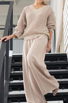 Women's Casual Fashion V-Neck Textured Top Wide-Leg Pants Knitted Two-Piece Set