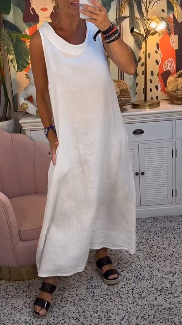 Round Neck Sleeveless Cotton and Linen Dress