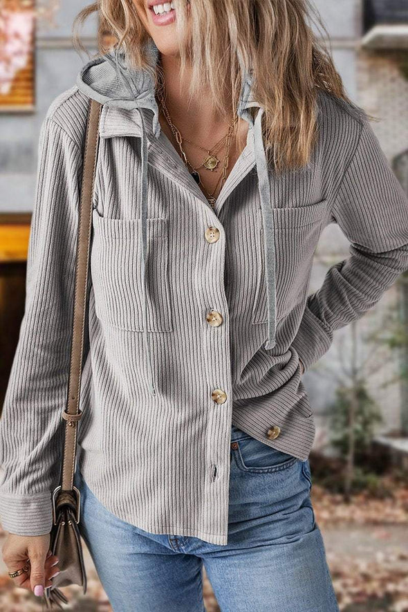 Women's Lapel Button Cardigan Pocket Hood Drawstring Striped Jacket