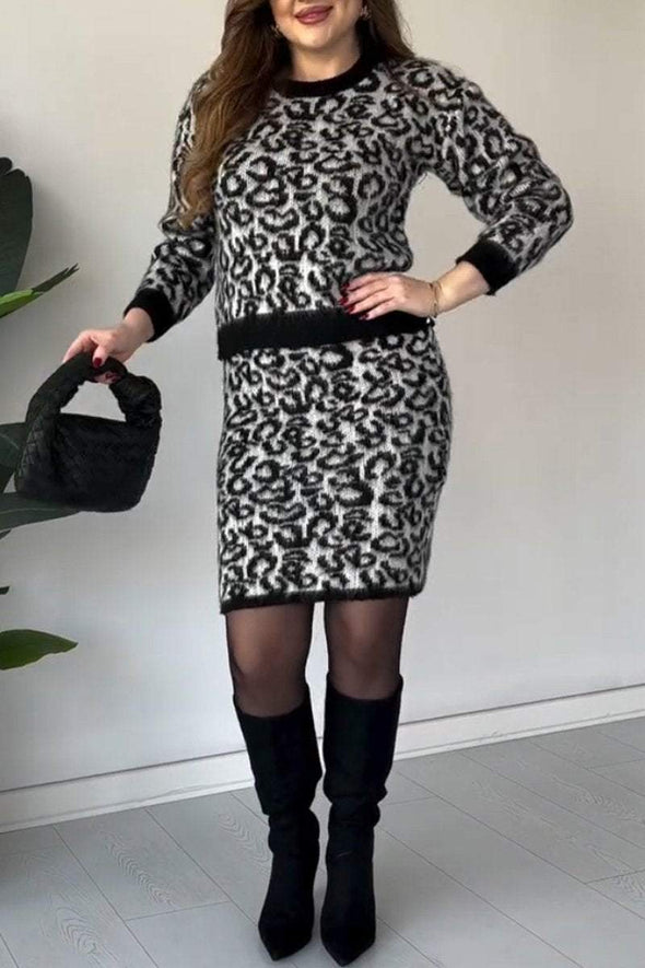 Women's Fur Round Neck Leopard Print casual Suit