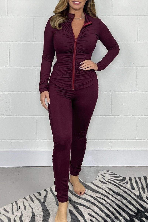 Women's Solid Pleated Zipper Suit Fashion Trends