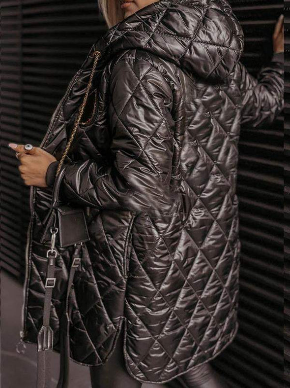 Women's Hooded Long-sleeved Diamond-patterned Casual Cotton Coat