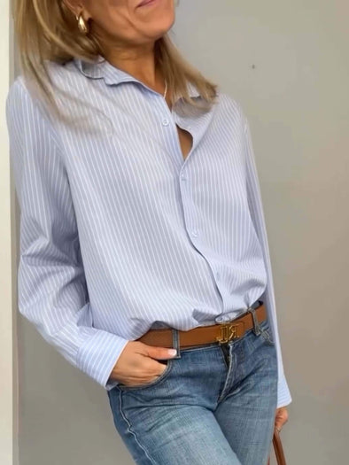 V-neck Cotton And Linen Striped  Shirt