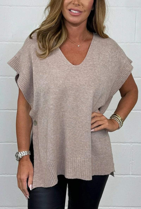 Women's Soft Knit Button Batwing V-Neck Jumper