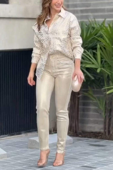 Women's Casual Lapel Gold-stamped Shirt + Pants Two-piece Suit