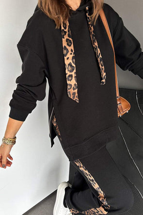 Women's Hooded Leopard Print Contrasting Slit Casual Suit