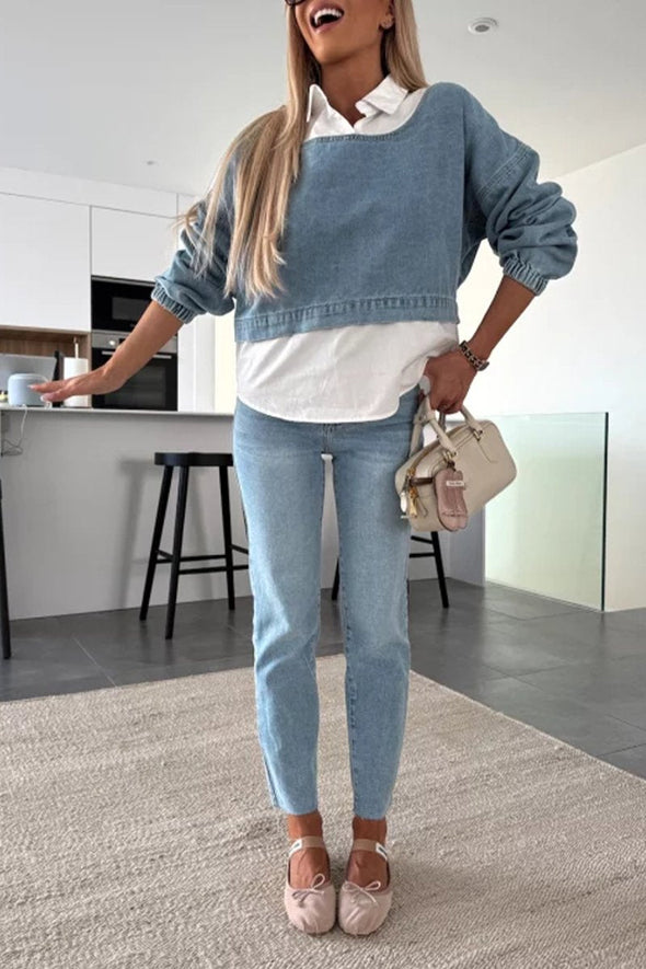 Women's Denim Two-piece Top + Trousers Casual Suit