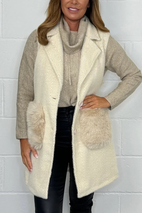 Women's Faux Fur Cable Knit Design Long Button Up Coat