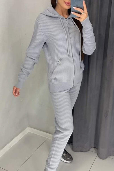 Women's Solid Color Knitted Hoodies and Trousers Set