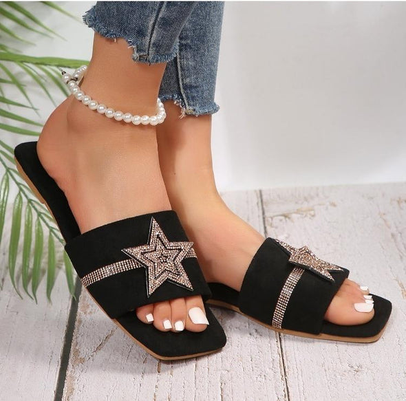 Open Toe Non-slip Slippers Fashionable Rhinestone Star Flat Sandals