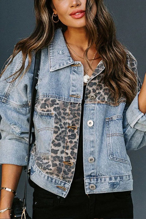 Women's Fashion Denim Leopard Print Jacket