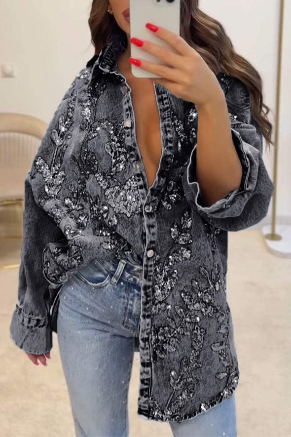 Women's Denim Sequin Embroidered Lapel Top