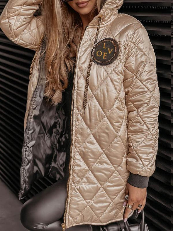 Women's Hooded Long-sleeved Diamond-patterned Casual Cotton Coat