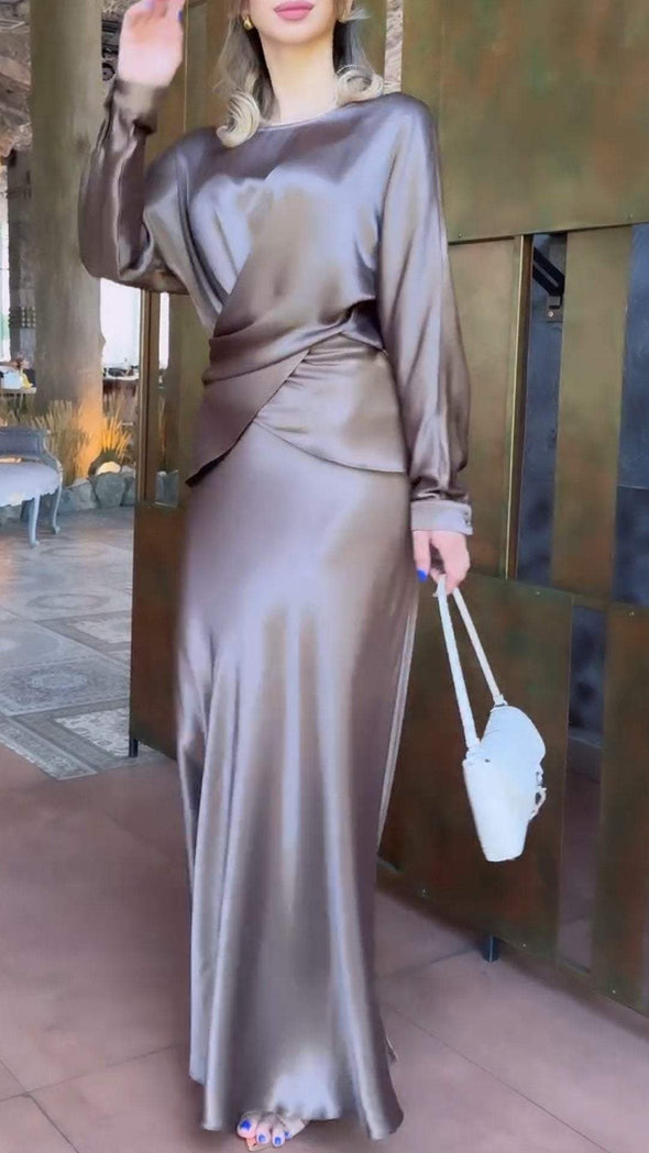 Women's Round Neck Long Sleeve Satin Elegant Dress Suit