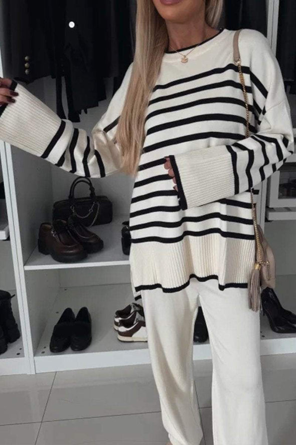 Women's Multi-colored Striped Crew Neck Pullover Casual Knit Suit