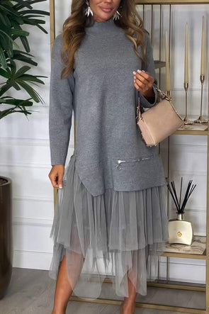 Women's Casual Solid Color Mesh Patchwork Dress